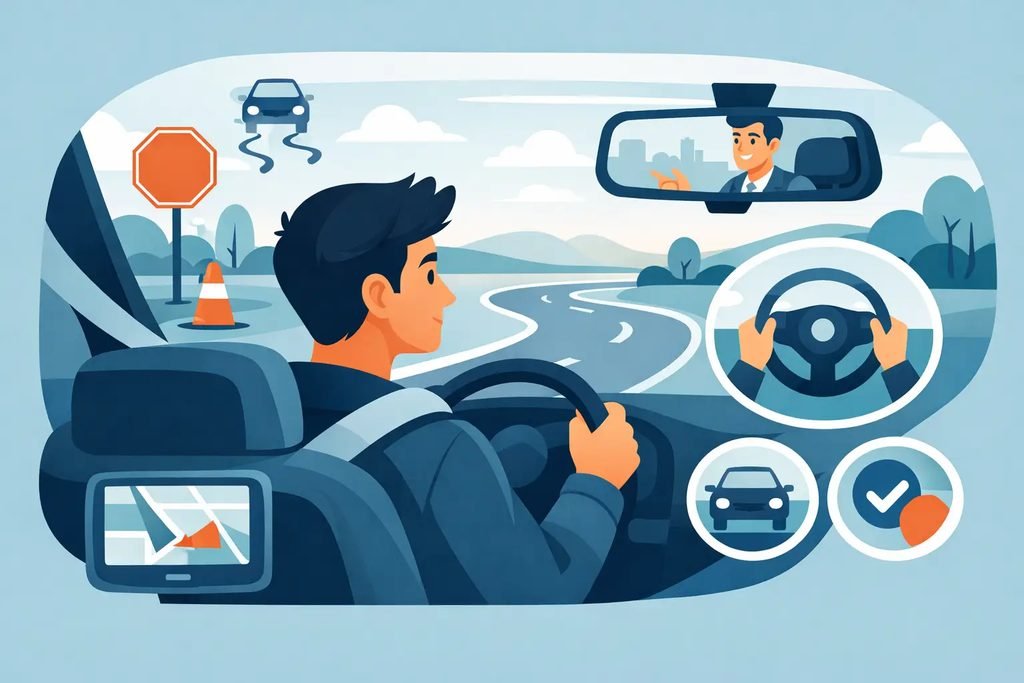 driver at wheel, instructor in rearview mirror, car dashboard