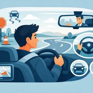 driver at wheel, instructor in rearview mirror, car dashboard