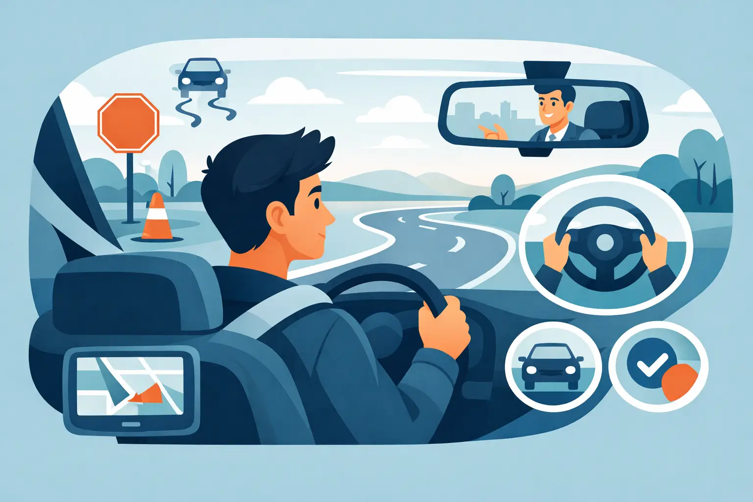 driver at wheel, instructor in rearview mirror, car dashboard