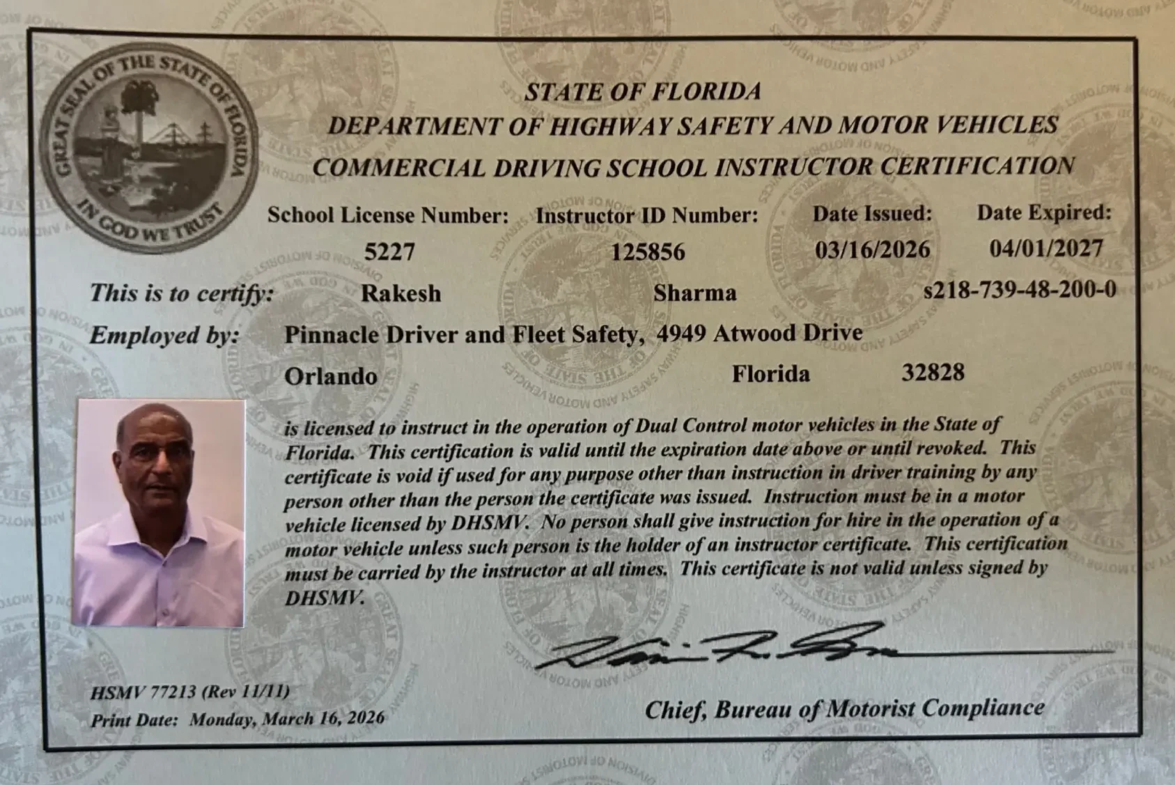 Commercial driving school instructor certification