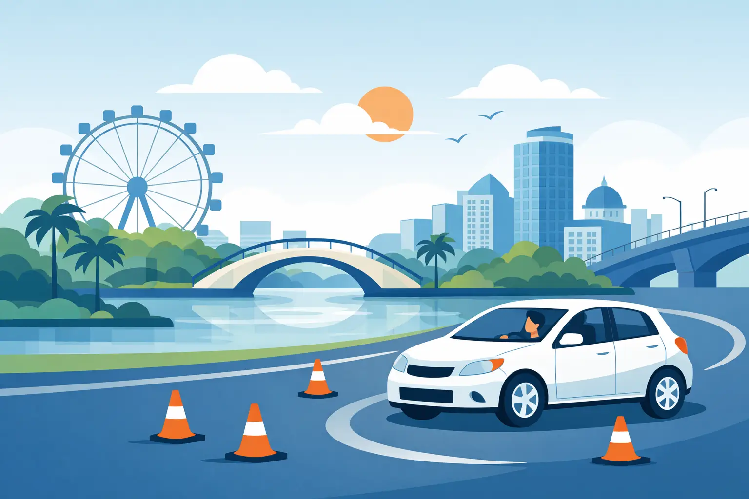 white car maneuvers around traffic cones with city background