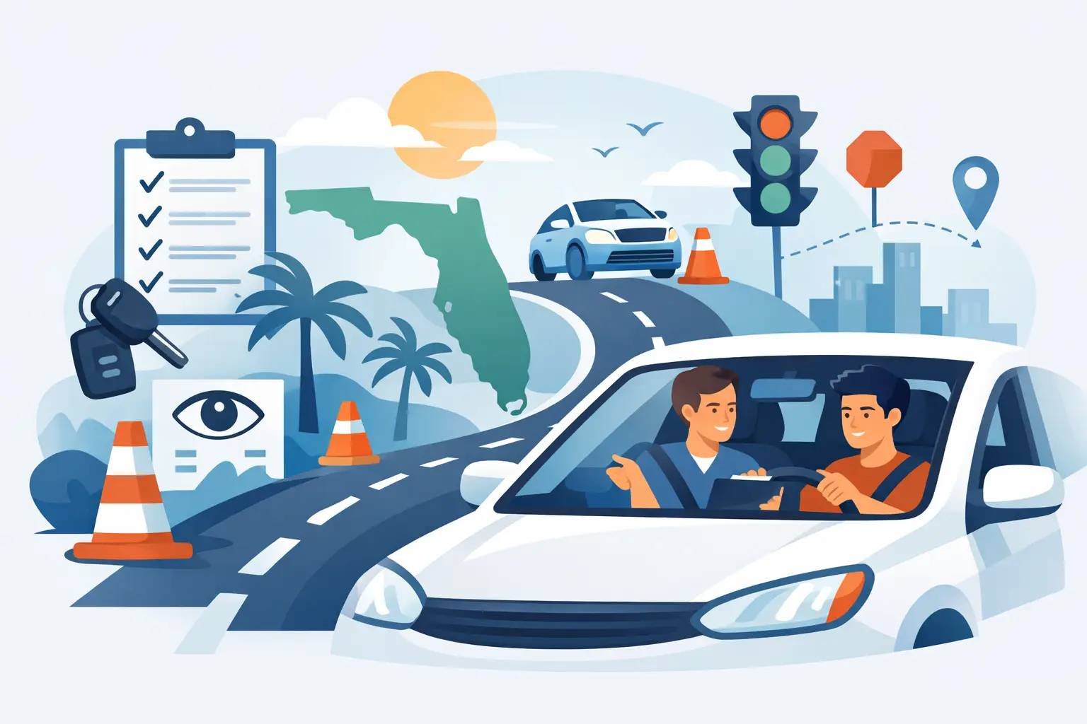 Student driver taking a driving lesson with instructor in Florida driving school illustration.