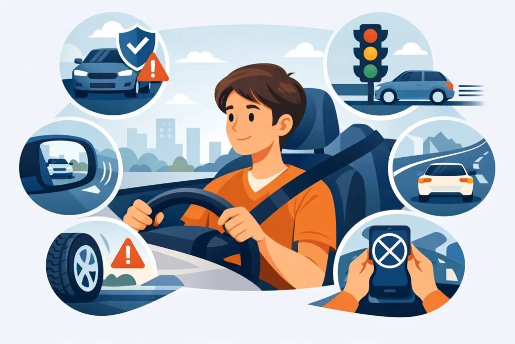 Safe driving habits for new drivers illustration showing defensive driving practices, traffic awareness, and distraction-free driving.