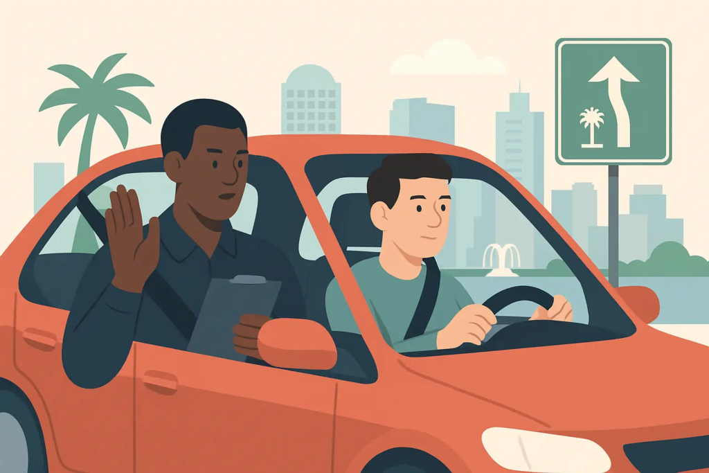 male student and instructor in red car