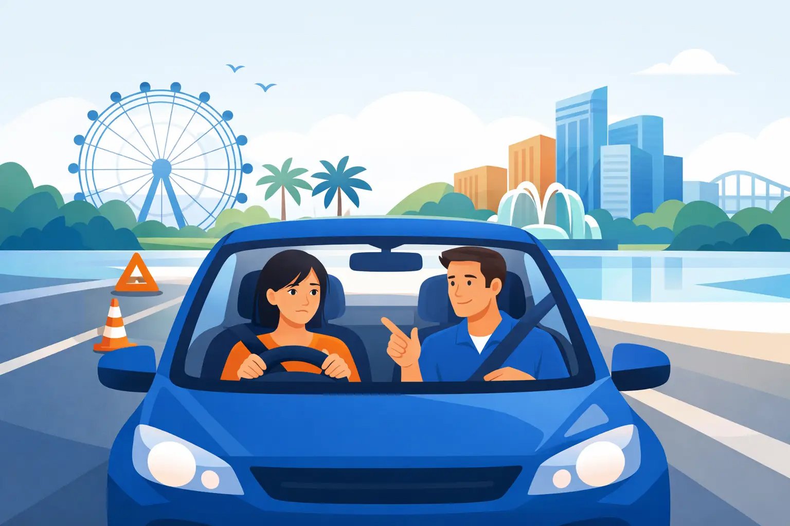 adult driver and instructor in blue car with a city background