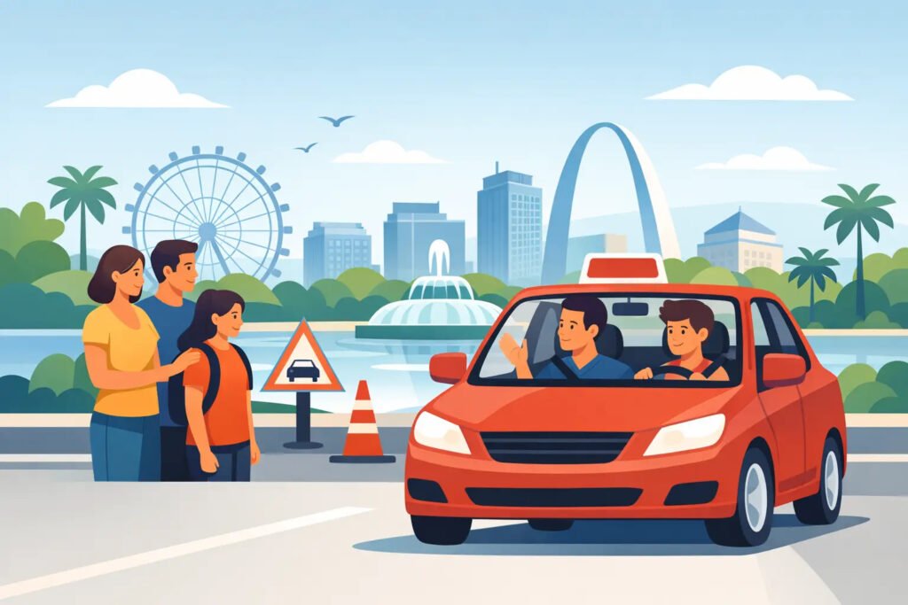 student and instructor in red car, city background, family