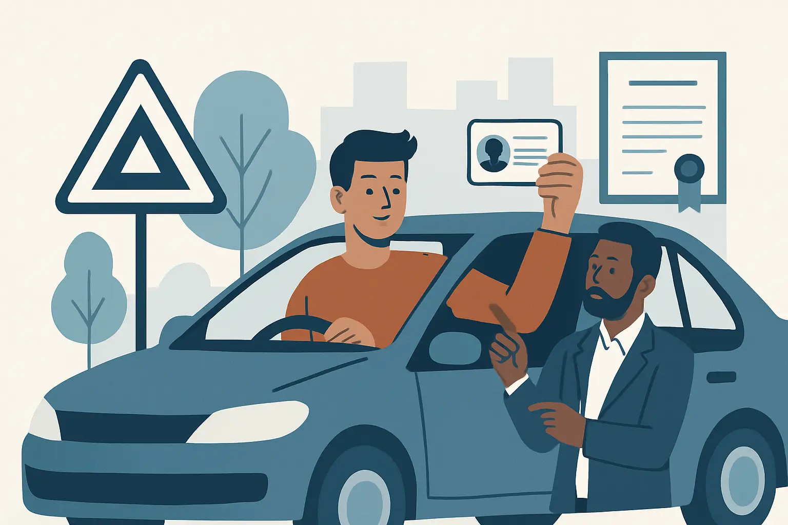 happy student holding drivers license while in car and a person pointing to the student