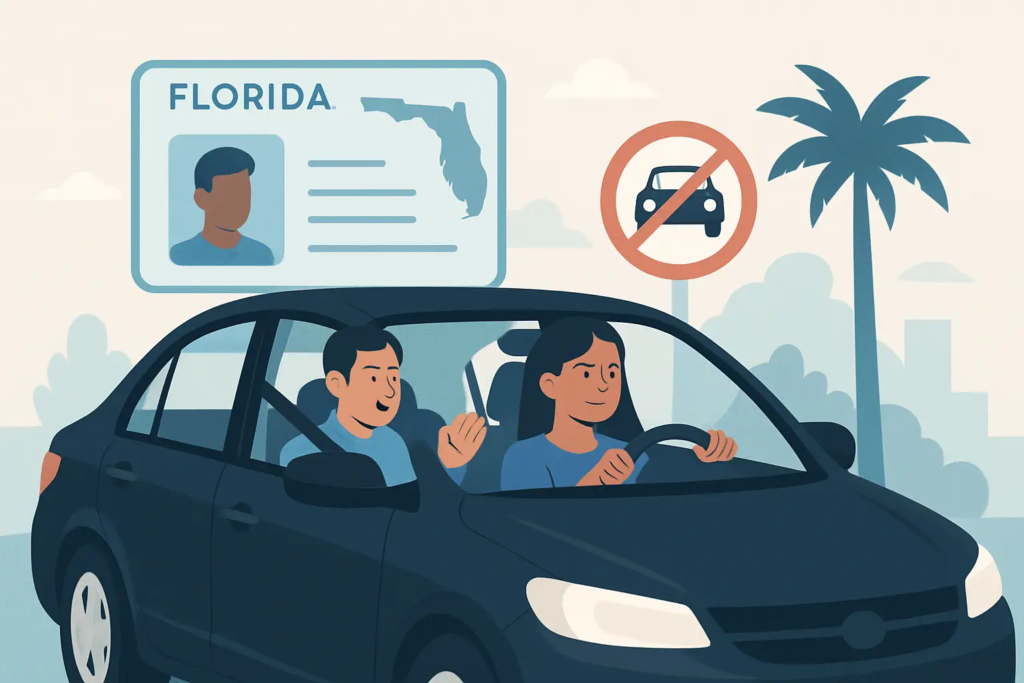 instructo guiding student in blue car with a drivers license background