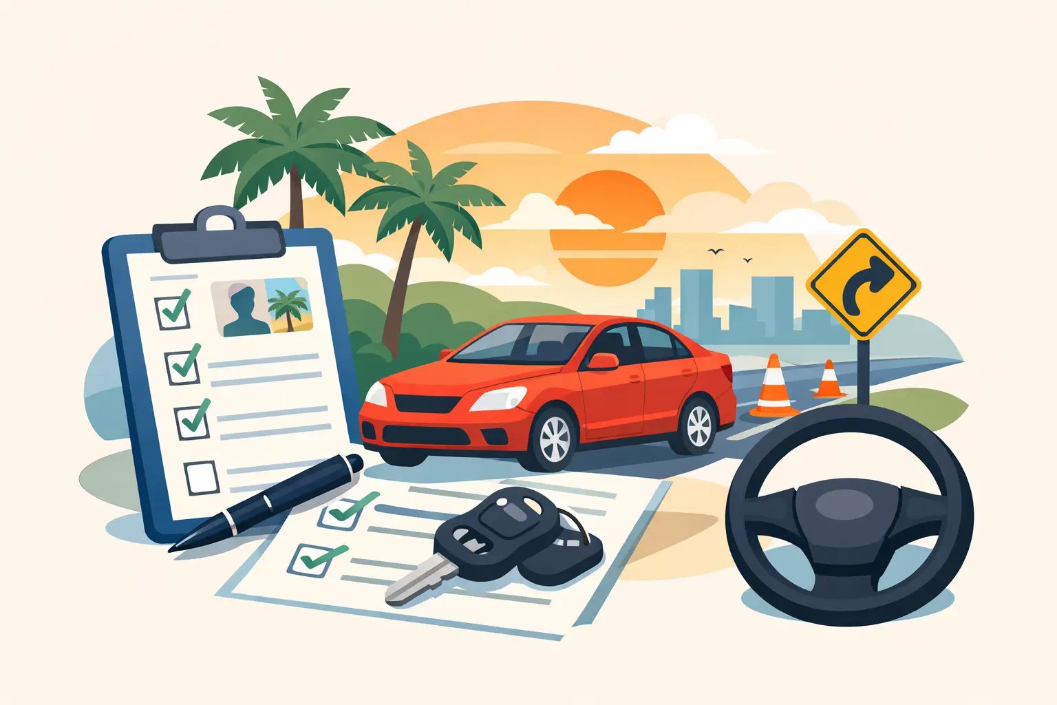 car keys, checkboard, steering wheel over a red car and a city background
