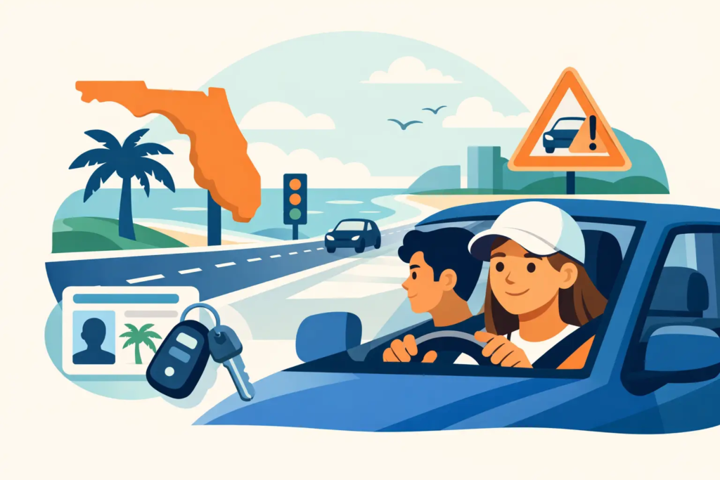 teen with a white hat driving with another teen with a road background
