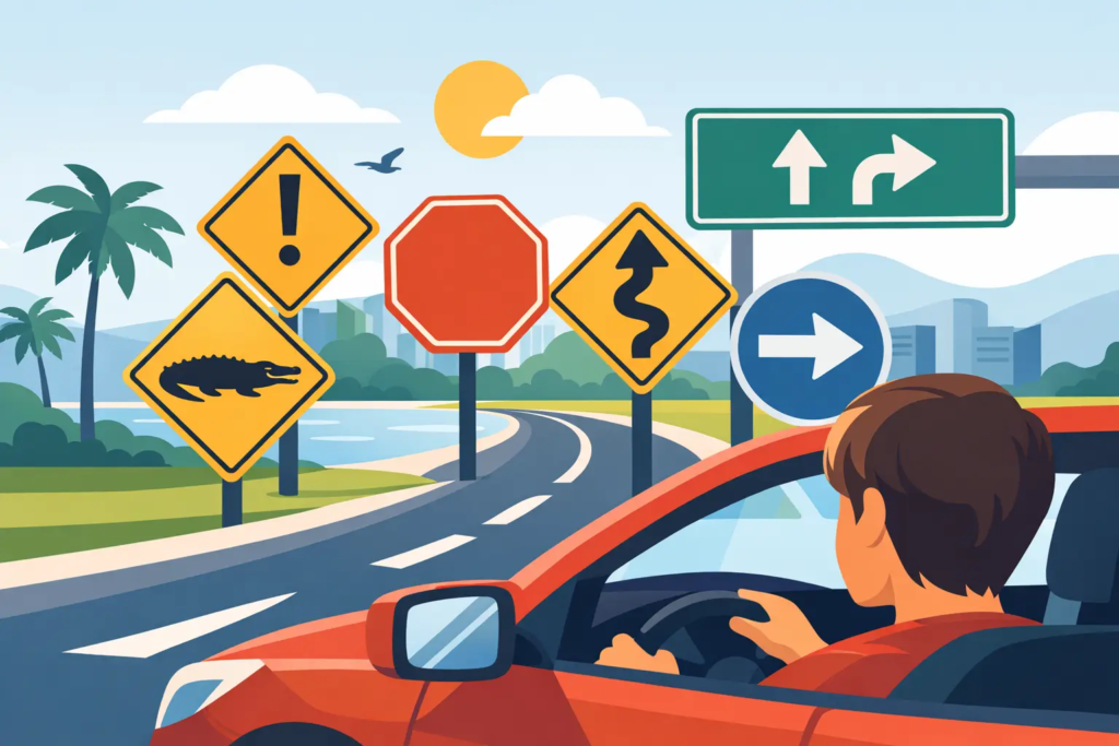 driver in red car, multiple road signs, coastal background