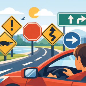 driver in red car, multiple road signs, coastal background
