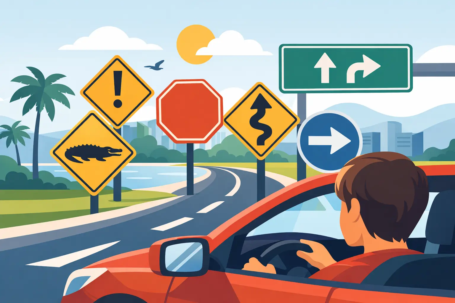 driver in red car, multiple road signs, coastal background