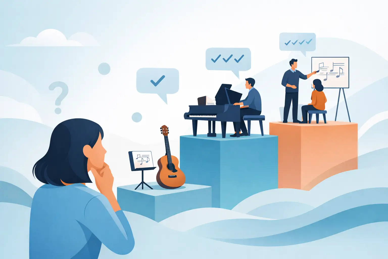 person contemplating music lessons
