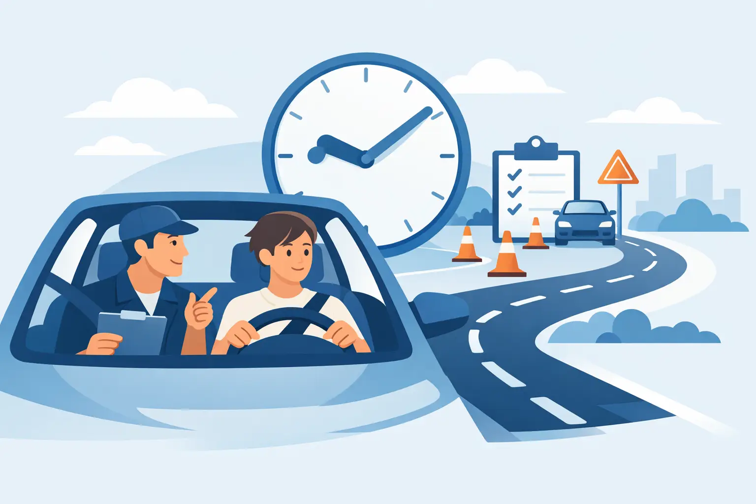 student and instructor in car, large clock background, checklist