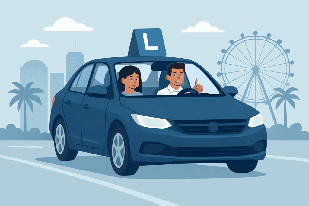male student and female instructor in car with a city background