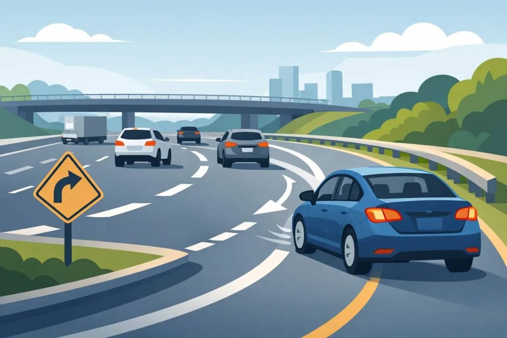 Safe highway lane change with proper driving techniques and traffic awareness.