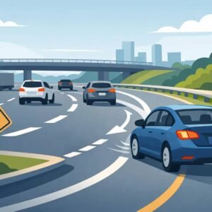Safe highway lane change with proper driving techniques and traffic awareness.