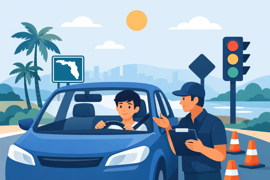 Examiner conversing with a student taking road test