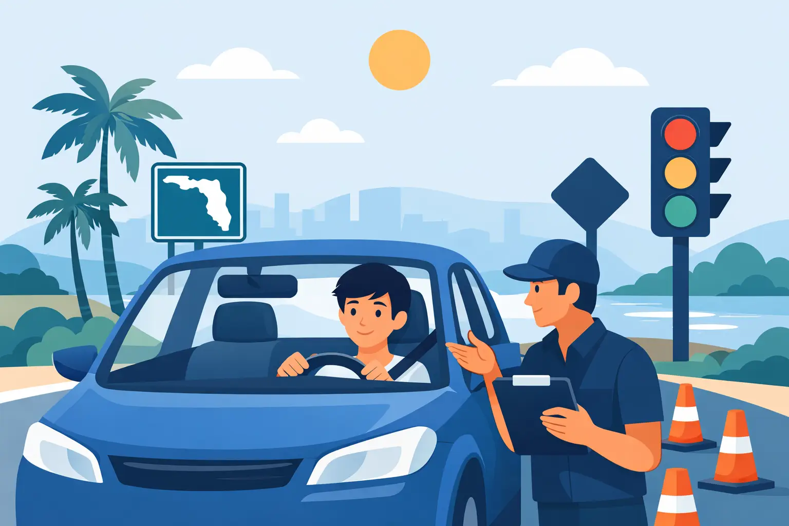 Examiner conversing with a student taking road test