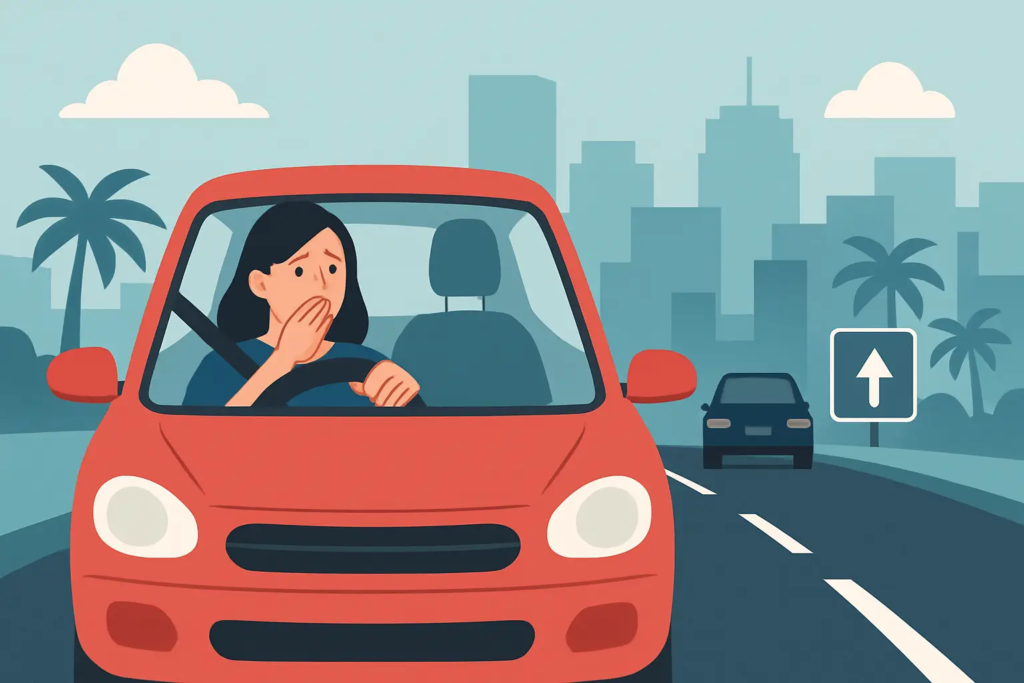 Nervous driver in red car on the road