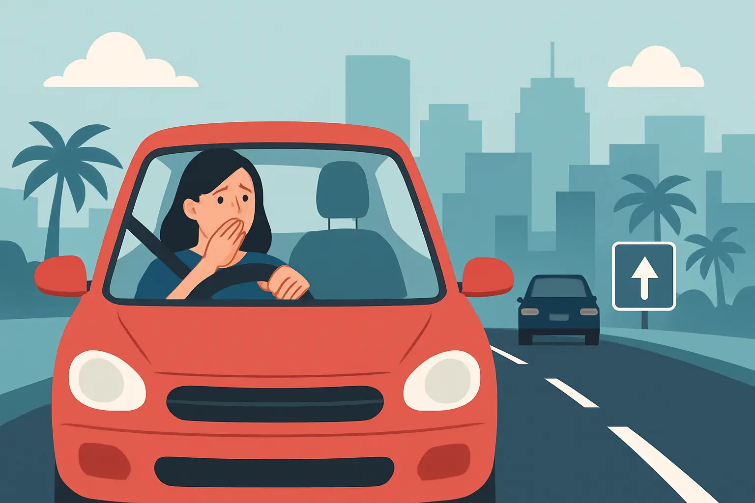 Nervous driver in red car on the road