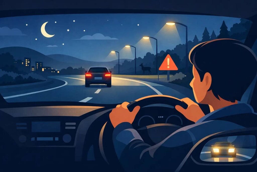 Safe night driving with awareness of road hazards, wildlife, and other vehicles.