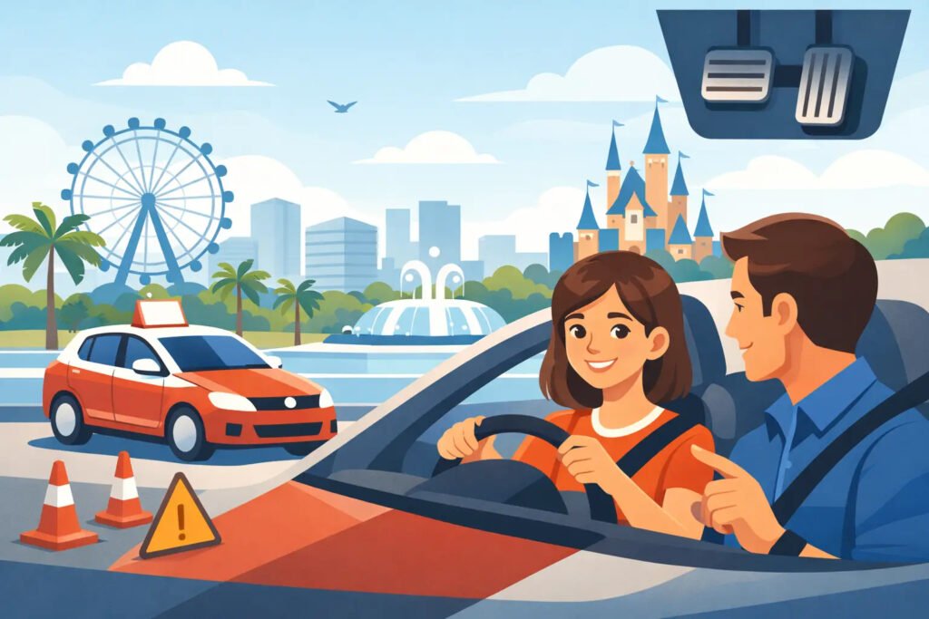 Teen student and instructor in convertible car