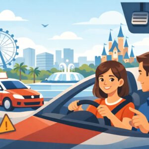 Teen student and instructor in convertible car