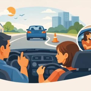 New driver practicing safe driving skills with guidance from a professional driving instructor.