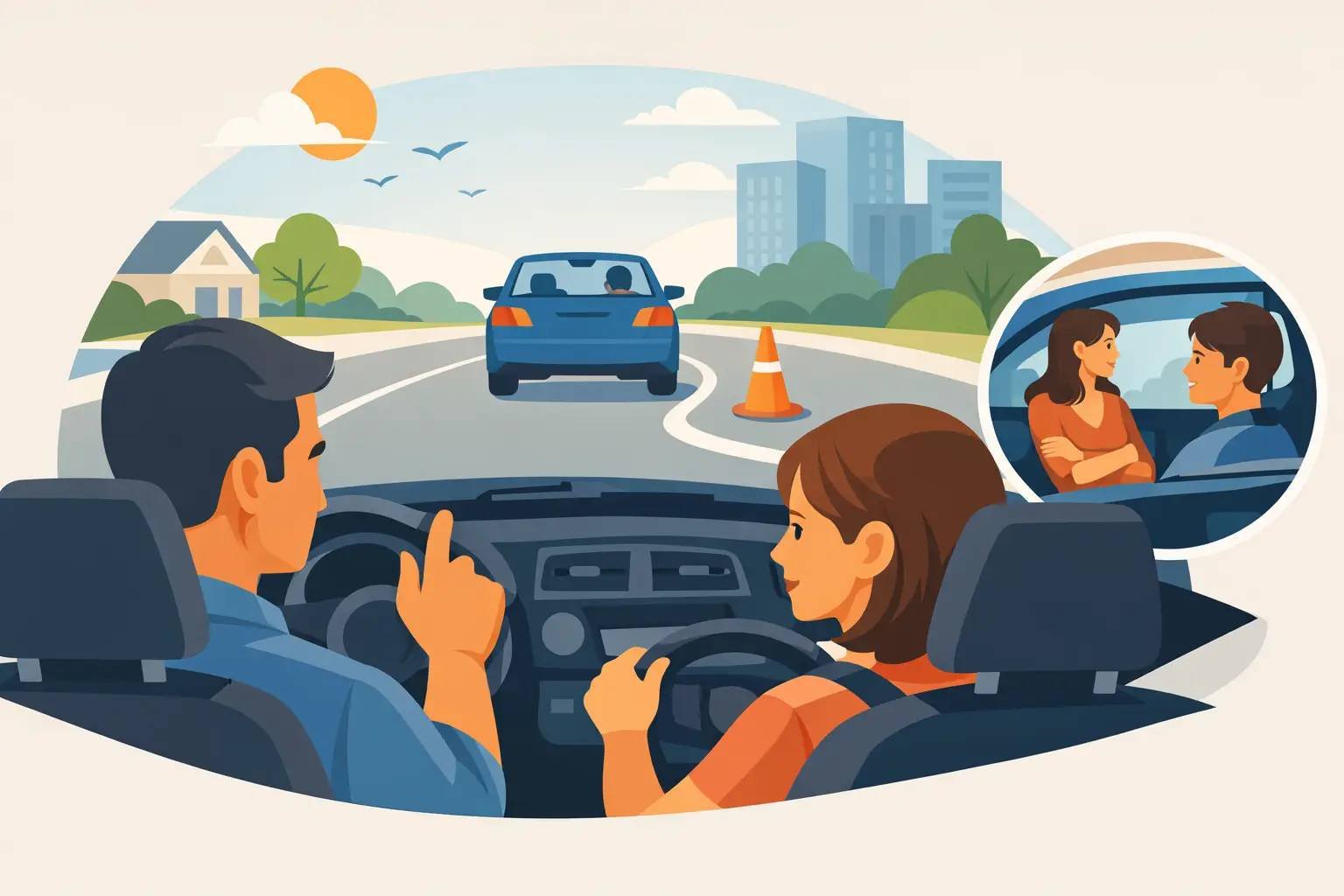 New driver practicing safe driving skills with guidance from a professional driving instructor.