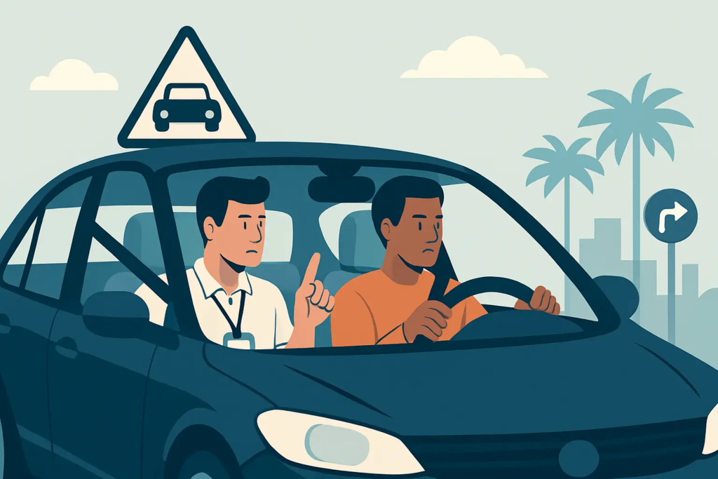 male student and instructor in blue car and city background