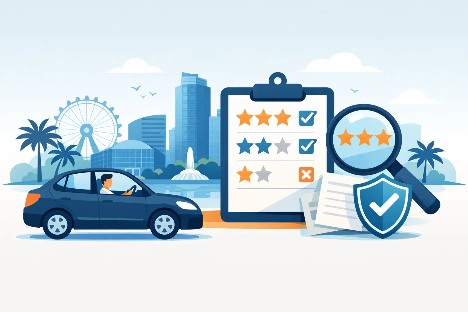 reviews checkboard with a city background and a blue car