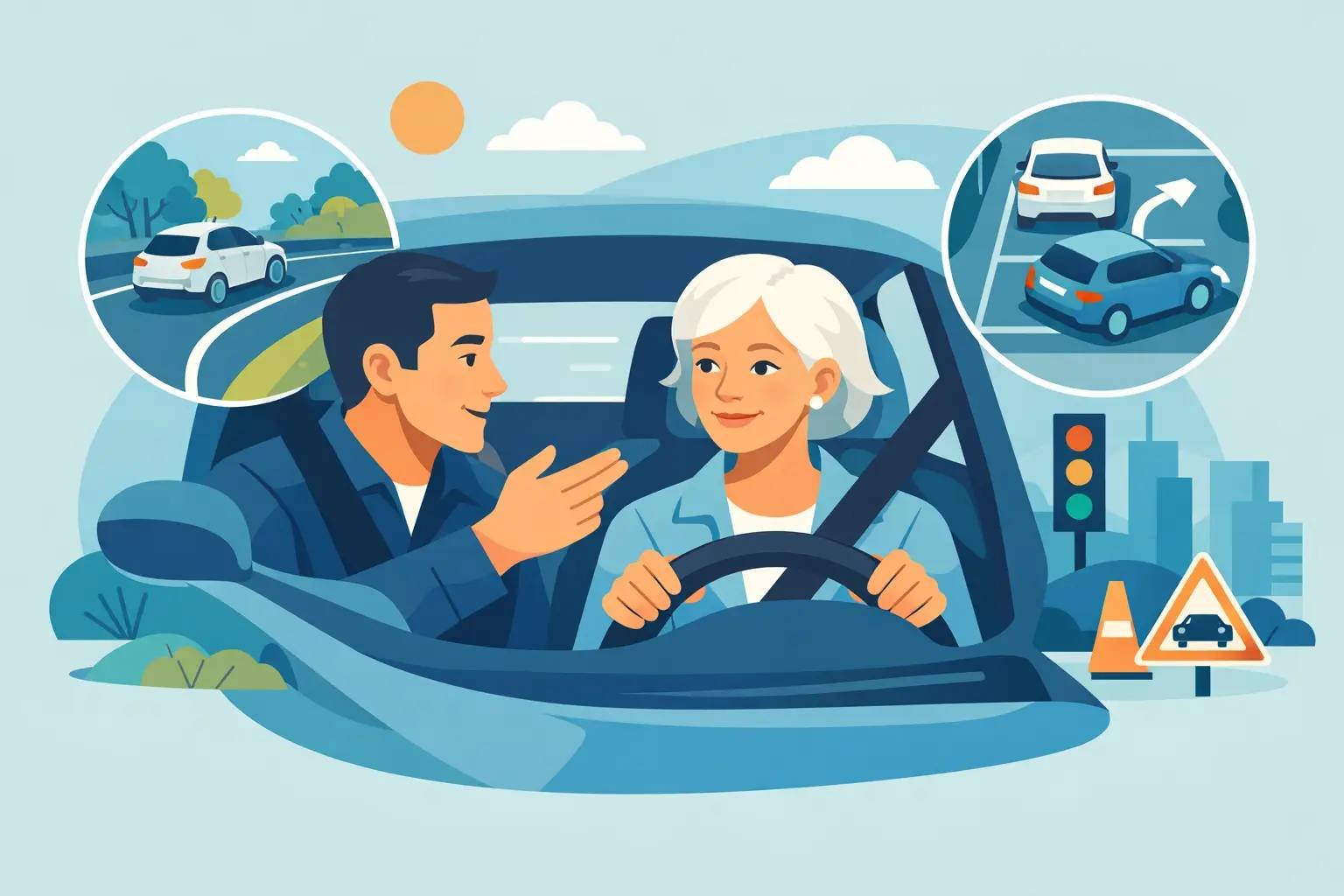 Driving instructor helping an older adult improve driving confidence, parking skills, and road safety awareness.