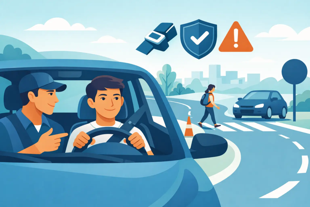 student and instructor in car, pedestrian crossing, safety icons