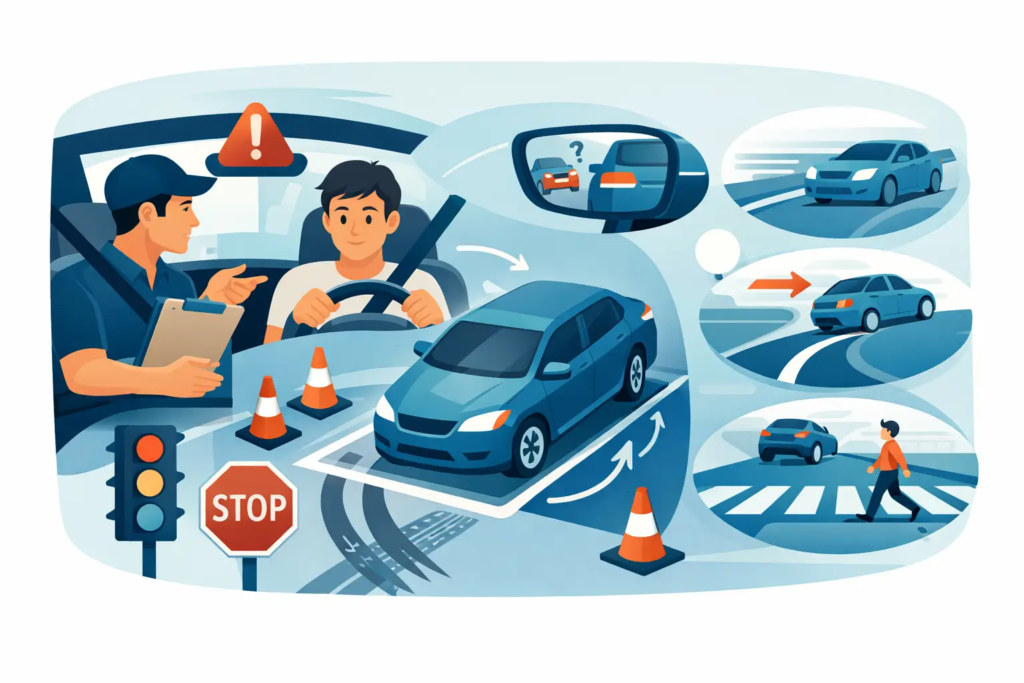 student and instructor in car, driving maneuvers diagrams, cones