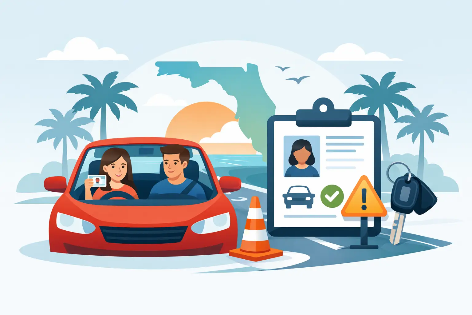 student and instructor in red car with a checkboard and traffic cone background