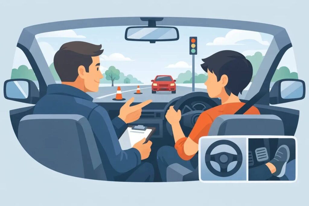 Driving lesson teaching vehicle control, steering, pedal operation, and safe driving techniques.