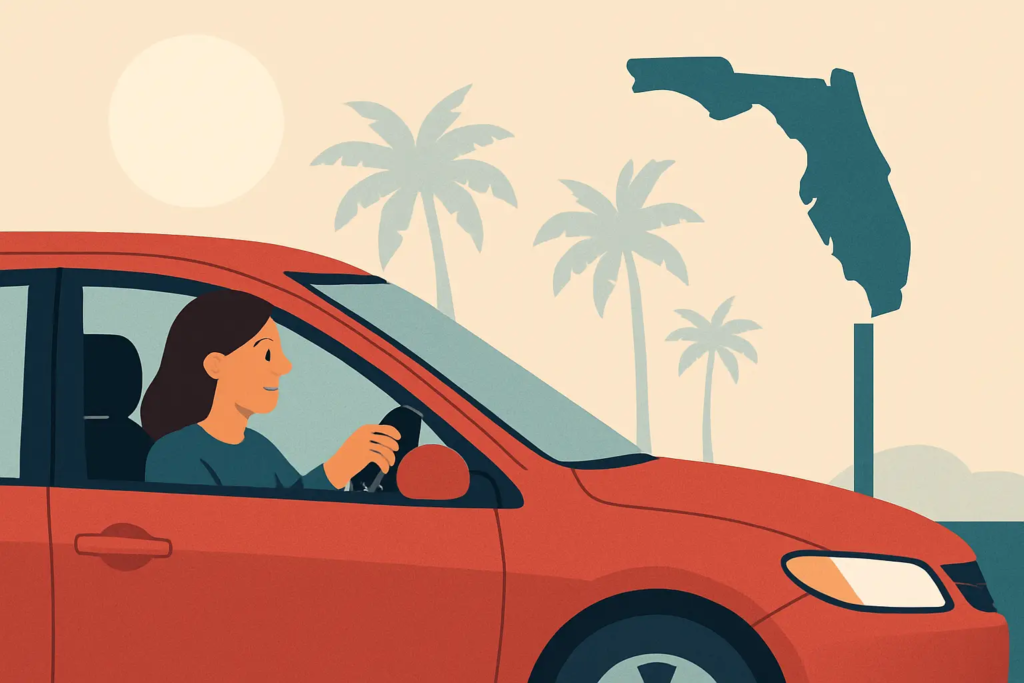 female driver in red car