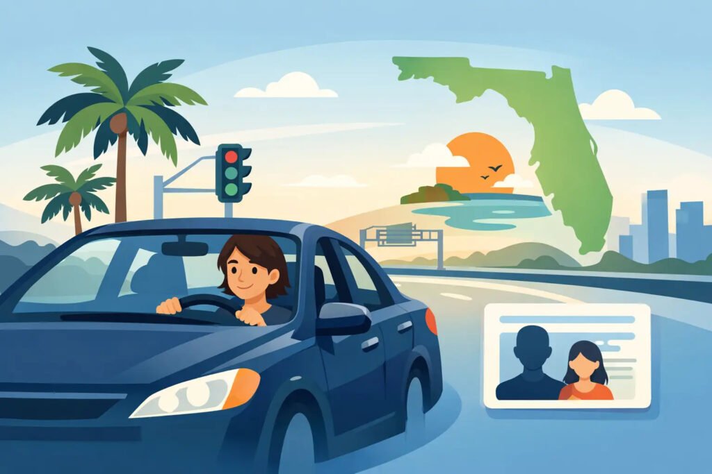 Teen driving alone in blue car